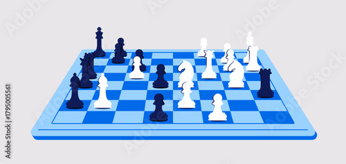 Vector illustration of chessboard with chess pieces. Classic strategy board game symbolizing logic, intelligence, and competition. Perfect for education, sport, and entertainment design projects.