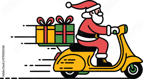 Santa Claus riding yellow scooter delivering gifts