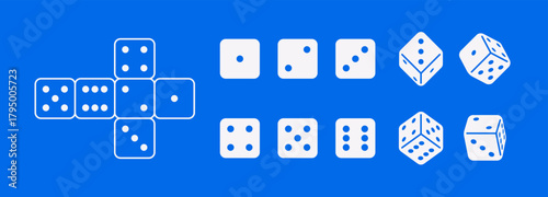 Vector illustration of a dice set showing all sides and unfolded layout. Cube design for casino, gaming, luck, and educational projects.