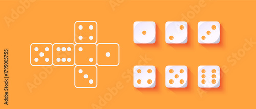 Vector illustration of a dice set showing all sides and unfolded layout. Cube design for casino, gaming, luck, and educational projects.