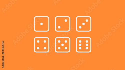Vector illustration of D6 dice icons showing all sides in flat design style. Minimalistic six-sided cube with numbered faces. Perfect for board games, apps, UI, and gaming design projects.