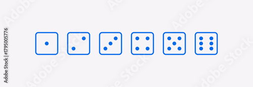 Vector illustration of D6 dice icons showing all sides in flat design style. Minimalistic six-sided cube with numbered faces. Perfect for board games, apps, UI, and gaming design projects.