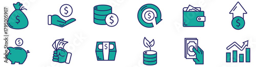 Financial and banking icons, wallet with cash, credit card payment, currency exchange, euro and dollar, cashback money concept, thin line vector design.