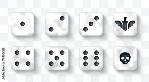 Vector illustration of realistic D6 dice showing all sides. 3d six-sided cubes with numbered faces. Perfect for board games, casino, gaming projects. Custom sword, skull side. White pearl marble color