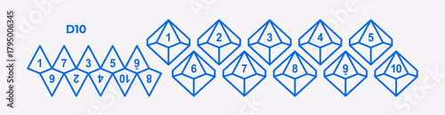 Vector illustration of D10 dice showing all sides and unfolded layout. Ten-sided polyhedral shape for tabletop, RPG, and board gaming design projects.