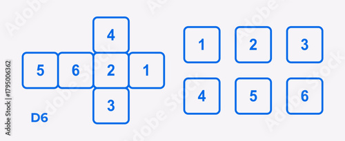 Vector illustration of a dice set showing all sides and unfolded layout. Cube design for casino, gaming, luck, and educational projects.
