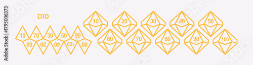 Vector illustration of D10 dice showing all sides and unfolded layout. Ten-sided polyhedral shape for tabletop, RPG, and board gaming design projects.