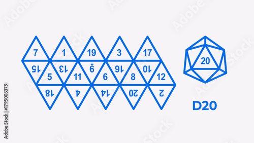 Vector illustration of D20 dice showing all sides and unfolded layout. Twenty-sided icosahedron shape for tabletop, RPG, and board gaming design projects.