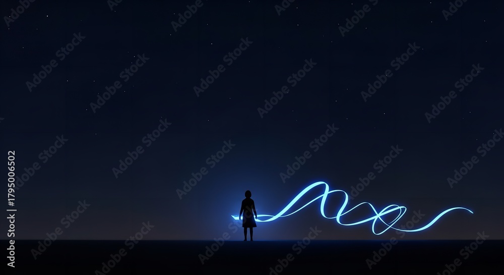 Obraz premium A Young Person Touches the Starry Night Sky, Creating a Multicolored Light Pattern.