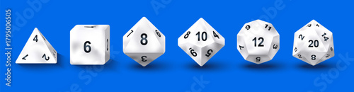 Vector illustration set of D4, D6, D8, D10, D12, D20 dice icons isolated. Polyhedral gaming dice collection for tabletop, RPG, and board game design projects. White pearl marble color. Realistic 3d.