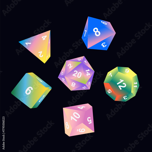 Vector illustration set of D4, D6, D8, D10, D12, D20 dice icons isolated. Polyhedral gaming dice collection for tabletop, RPG, and board game design projects. Vibrant gradient colors.