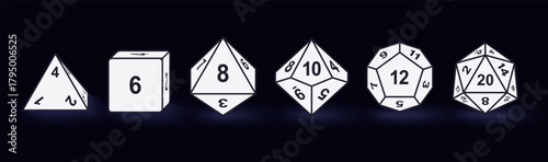 Vector illustration set of D4, D6, D8, D10, D12, D20 dice icons isolated. Polyhedral gaming dice collection for tabletop, RPG, and board game design projects.