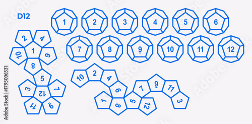 Vector illustration of D12 dice showing all sides and unfolded layout. Twelve-sided polyhedral shape for tabletop, RPG, and board gaming design projects.