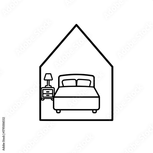 “A clean black-and-white minimalistic icon of a house outline with a triangular roof and rectangular base, containing a centered bed and a bedside table with a lamp, drawn in thick solid lines, flat a