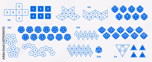 Vector illustration set of polyhedral dice D4, D6, D8, D10, D12, D20 with unfolded layouts. Collection of gaming dice for tabletop, RPG, and board game design projects.