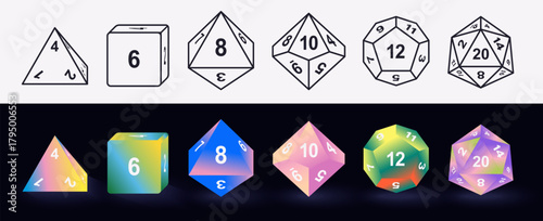 Vector illustration set of D4, D6, D8, D10, D12, D20 dice icons isolated. Polyhedral gaming dice collection for tabletop, RPG, and board game design projects. Vibrant gradient colors.