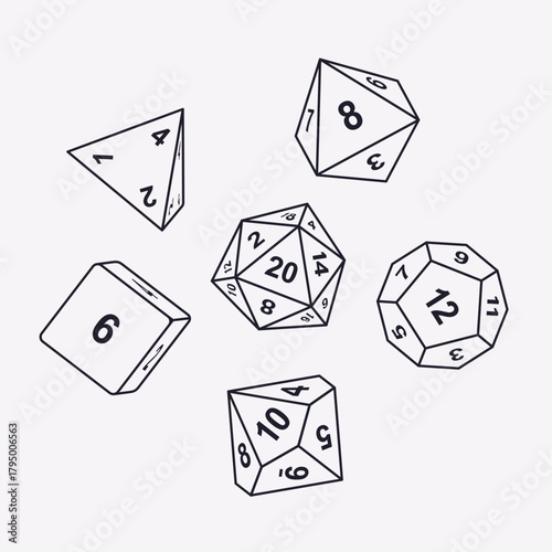 Vector illustration set of D4, D6, D8, D10, D12, D20 dice icons isolated. Polyhedral gaming dice collection for tabletop, RPG, and board game design projects.
