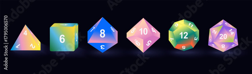 Vector illustration set of D4, D6, D8, D10, D12, D20 dice icons isolated. Polyhedral gaming dice collection for tabletop, RPG, and board game design projects. Vibrant gradient colors.