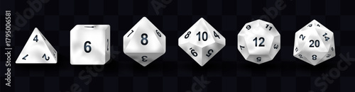 Vector illustration set of D4, D6, D8, D10, D12, D20 dice icons isolated. Polyhedral gaming dice collection for tabletop, RPG, and board game design projects. White pearl marble color. Realistic 3d.