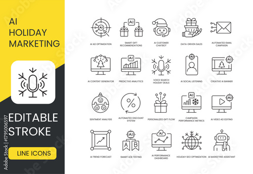 A set of vector icons representing AI-powered holiday marketing tools and strategies, created in line style with editable stroke