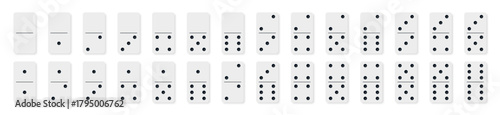 Vector illustration of a complete set of domino tiles in flat design style. Classic rectangular domino pieces for board games, tabletop, and gaming design projects.