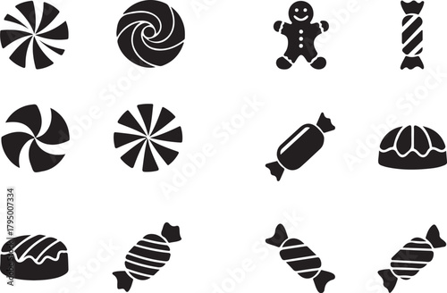Holiday Sweets Vector Set: Gingerbread Man and Candy Cane Icons

Christmas Candy Silhouette Collection: Peppermints and Treats Graphic

Black and White Holiday Dessert Icons for Winter Design