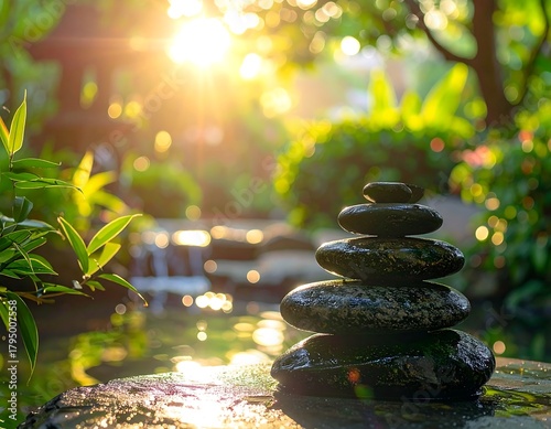 Zen stones in a tranquil garden setting
