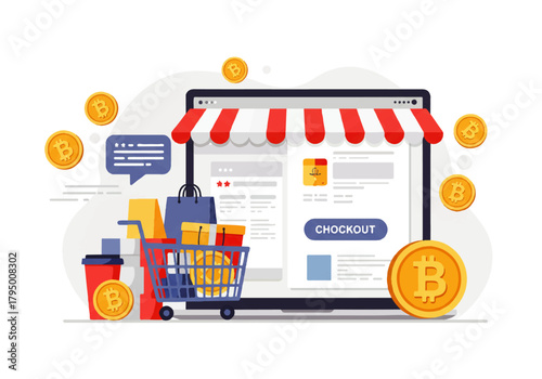 Illustration of online shopping with a laptop displaying a checkout page, surrounded by a shopping cart, bags, coffee, and Bitcoin cryptocurrency.