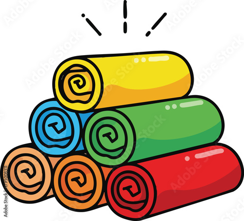 Stack Of Rolled Towels In Bright Colors Yellow Blue Green Red Orange And Brown For Spa Or Beach