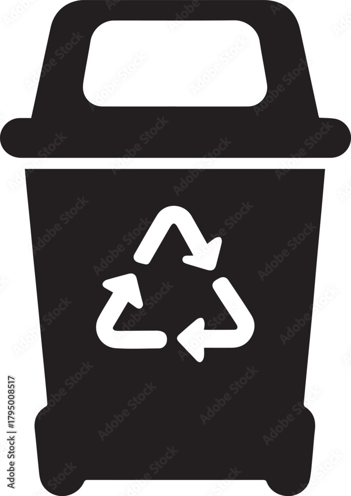 Obraz premium A simple black icon depicting a trash can with a lid and the universal recycling symbol prominently displayed on its front.
