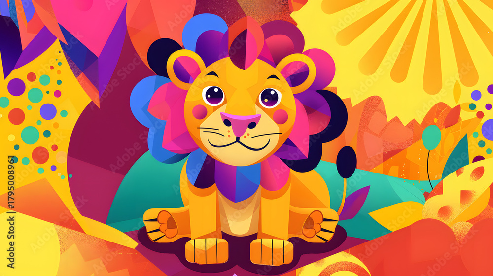 Fototapeta premium Cartoon Lion character flat vibrant colors geometric