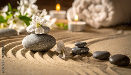 Zen-like composition featuring a balanced stone stack, white blossoms, rolled towel, and burning candles, all arranged on raked sand