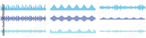 Sound wave and audio waveform collection. Podcast, music app, and voice recording symbol in modern line style.	