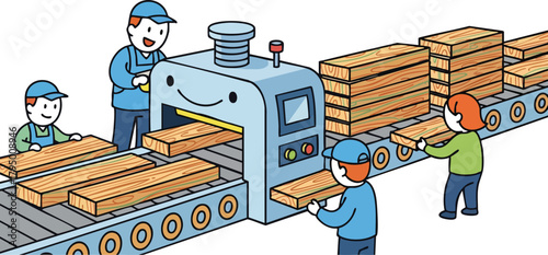 Factory workers on conveyor belt moving wooden planks through automated machinery with stacked finished products in clean bright lighting