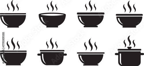 Set of Hot Food Bowl Icons: Soup, Stew, and Cooking Symbol

Black Silhouette of Steaming Bowls and Cooking Pots

Restaurant Menu Icon Set: Hot Dishes and Dinner