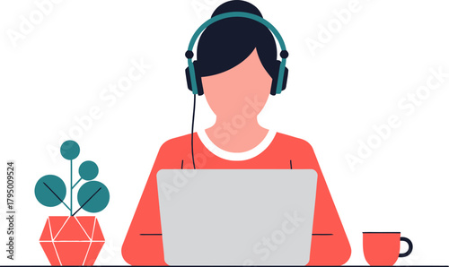 Focused professional woman in headphones diligently working on her laptop at a clean desk, embodying remote work efficiency and online communication