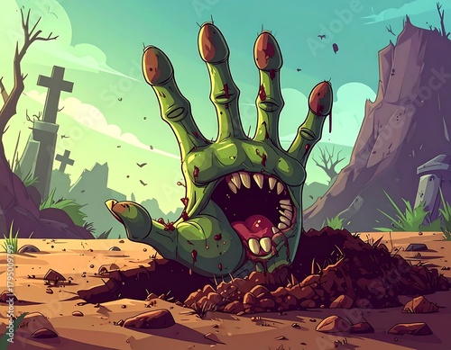 Zombie hand emerging from grave