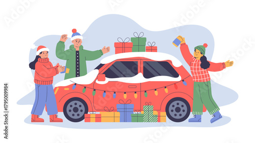 Festive Journey Begins: Excited individuals load a vibrant red car with gifts and festive decorations, signaling the start of a joyous holiday adventure, filled with anticipation and celebration.