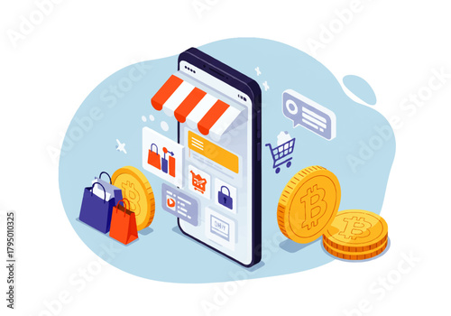 Isometric illustration of a smartphone displaying an online store interface with shopping bags, coins, and a striped awning, representing e-commerce.