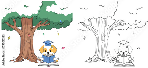 Graduate Puppy Reading a Book Under a Tree - Educational and Adorable Coloring Page for Kids