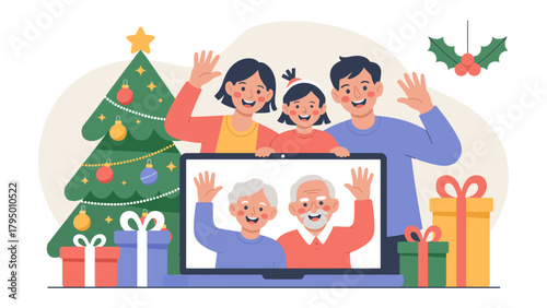 Christmas Family Call: Festive holiday scene with a family connecting with their elders via video call, exchanging warm wishes and smiles around a decorated Christmas tree and gifts.