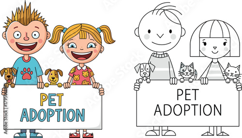 Cute children holding pet adoption signs with dogs and cats, colorful and outline cartoon illustration promoting rescue animals, kindness, and responsible ownership