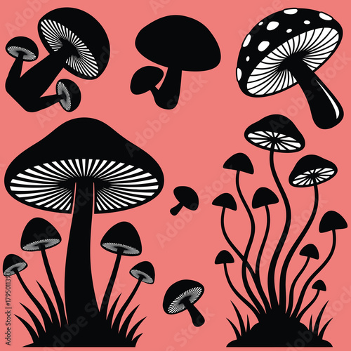 Mystical Black Mushroom Silhouettes Vector Set