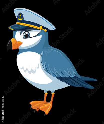 Cartoon Illustration of a Small Cute Seagull Wearing a Navy Captains Hat on a Black Background Minimalist Design Vector Artwork