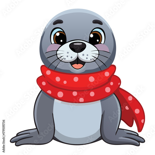 Cheerful Baby Seal Pup Wearing a Warm Red Scarf and Smiling Brightly in a Winter Snow Globe Scene Illustration