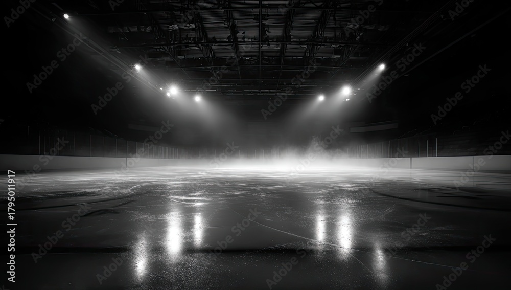 Fototapeta premium A dramatic, empty ice rink illuminated by spotlights, casting a moody ambiance with a foggy haze