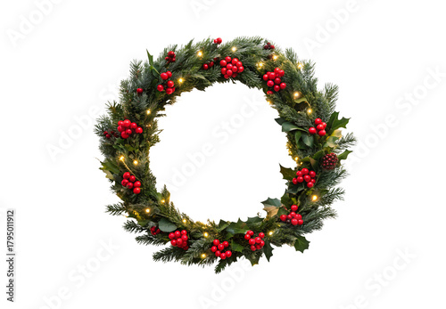 Round Christmas wreath with pine branches, red berries and twinkling lights, isolated on a transparent background