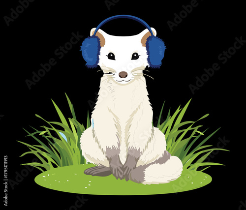 Stylish White Ermine Weasel Wearing Large Black Headphones Sitting Calmly in Green Grass with Dark Background