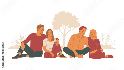 Shared moments of connection and happiness, captured by two pairs sitting together. Illustrative image reflecting relationships and life's simple joys. 