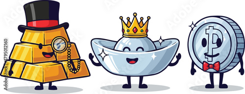 Pixel Art Gold Bars Silver Bowl and Coin Characters Wearing Top Hat Crown and Bowtie